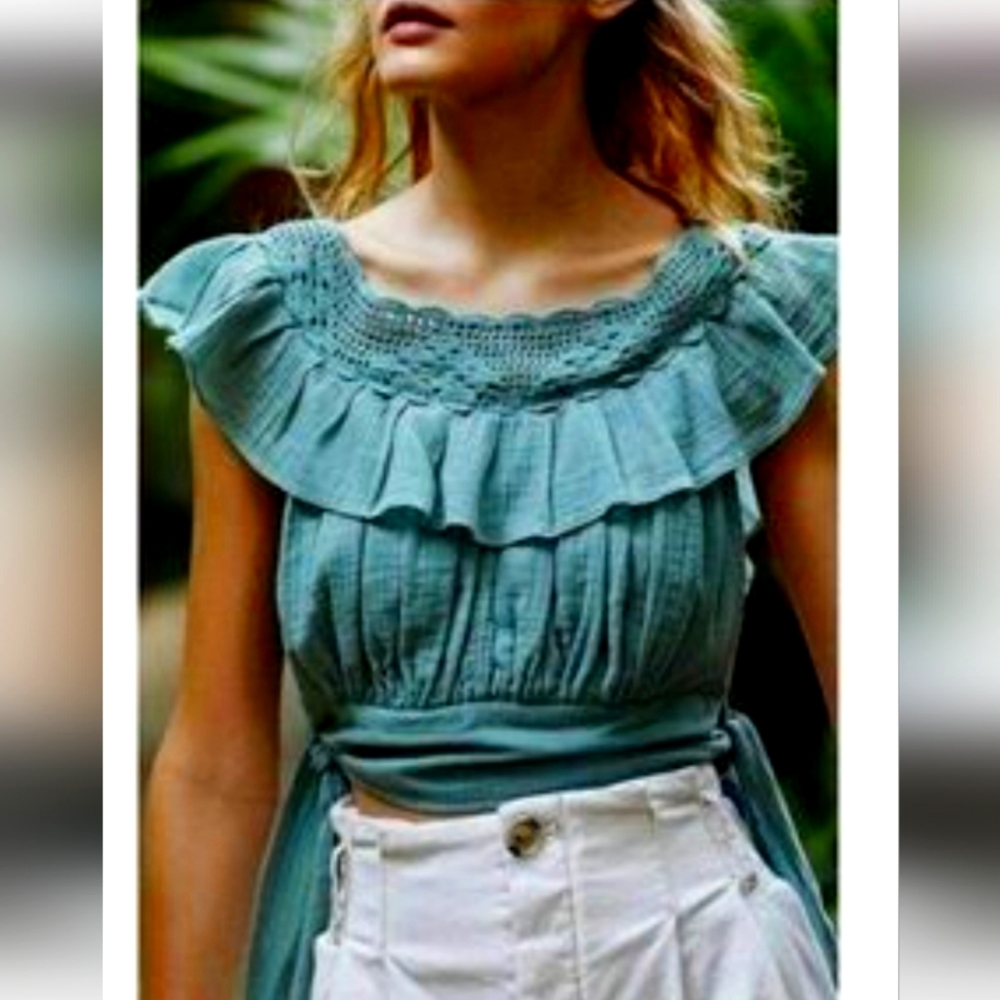 Free People Seafoam Green Crochet Open Tie Sides Crop Top Size Small